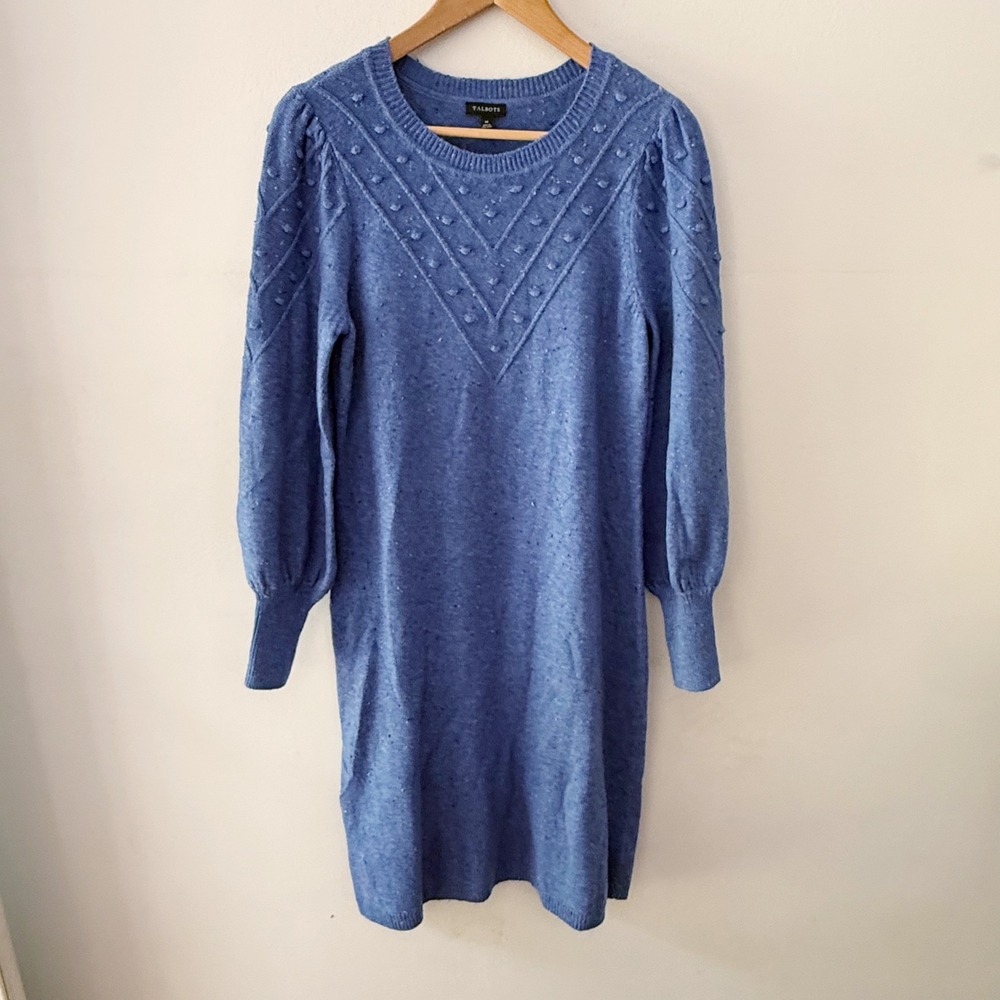NWT Talbots Sweater Dress Womens M Blue Bobble Knit Preppy Cozy Modest Comfy